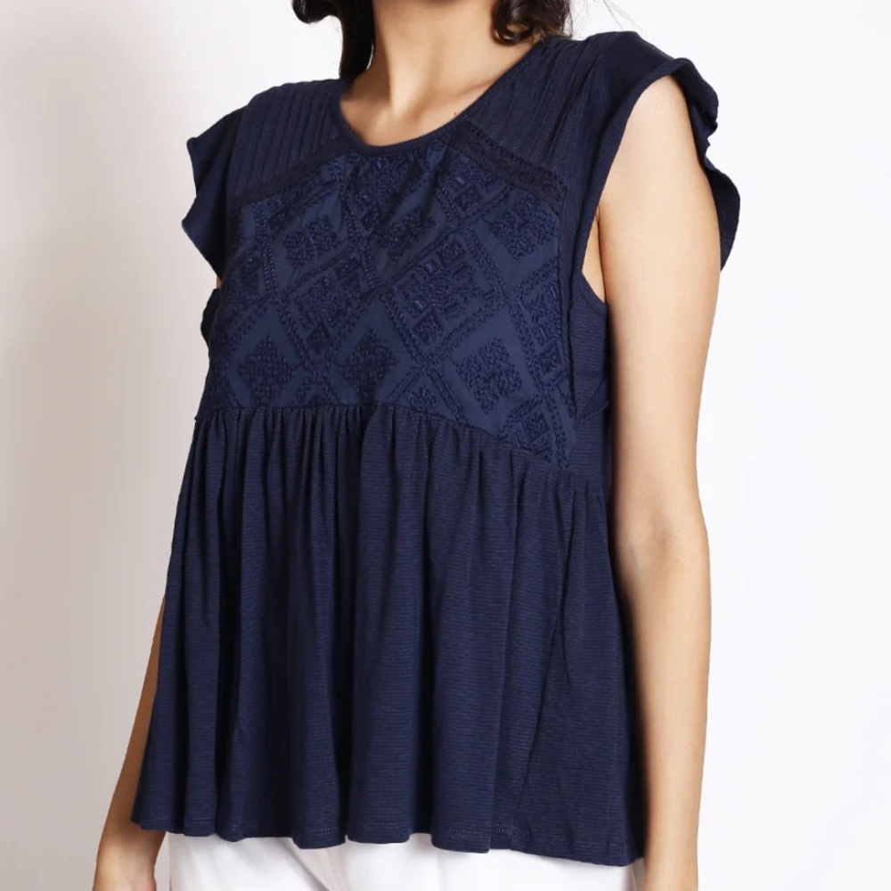 Embroidered gathered A Line top